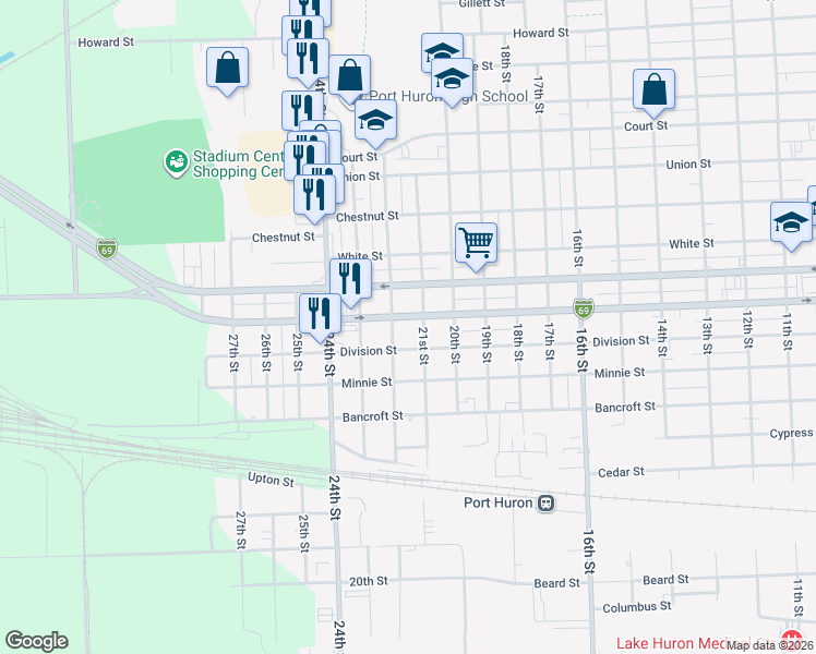 map of restaurants, bars, coffee shops, grocery stores, and more near 1619 21st Street in Port Huron