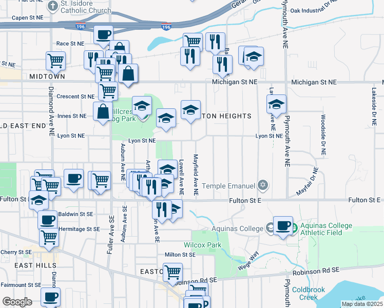 map of restaurants, bars, coffee shops, grocery stores, and more near 139 Mayfield Avenue Northeast in Grand Rapids