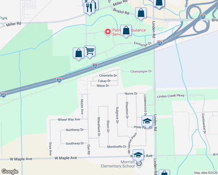 map of restaurants, bars, coffee shops, grocery stores, and more near 5140 Tokay Drive in Flint