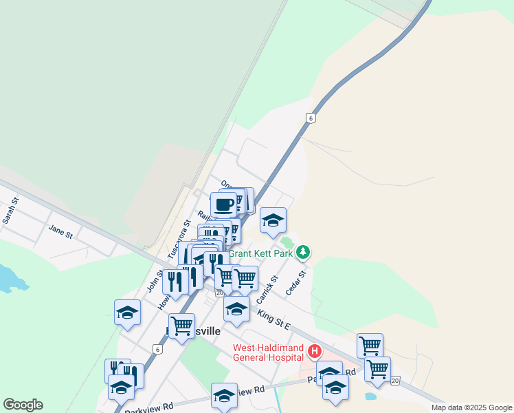 map of restaurants, bars, coffee shops, grocery stores, and more near 68 Main Street North in Haldimand