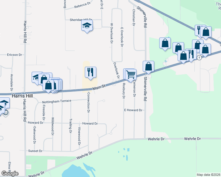 map of restaurants, bars, coffee shops, grocery stores, and more near 8785 Main Street in Williamsville