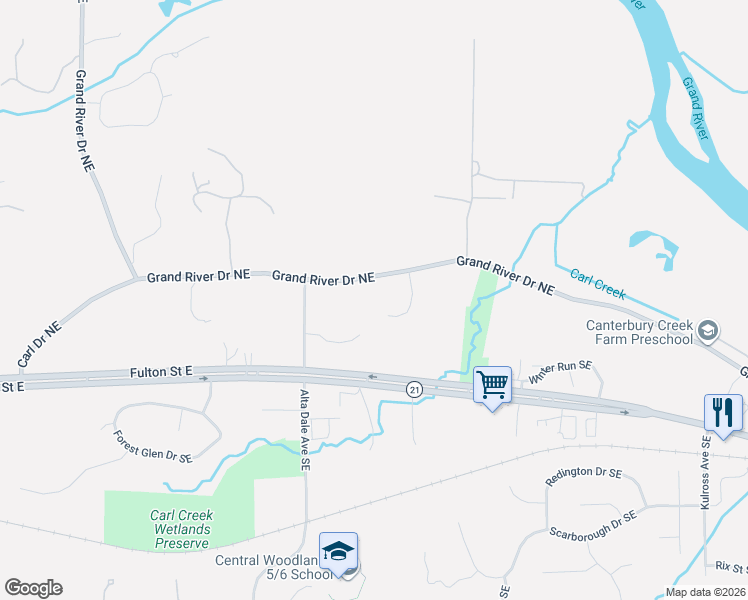 map of restaurants, bars, coffee shops, grocery stores, and more near 6080 Grand River Drive Northeast in Ada