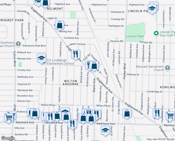 map of restaurants, bars, coffee shops, grocery stores, and more near 719 Englewood Avenue in Buffalo