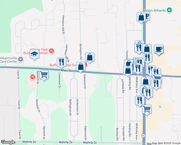 map of restaurants, bars, coffee shops, grocery stores, and more near 6631 Main Street in Buffalo