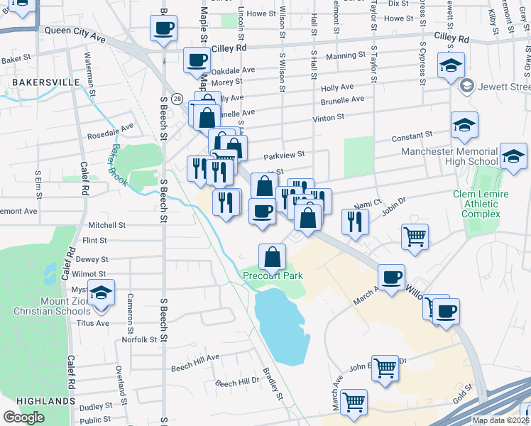 map of restaurants, bars, coffee shops, grocery stores, and more near in Manchester