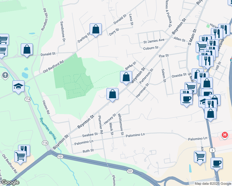 map of restaurants, bars, coffee shops, grocery stores, and more near 9 Servant Street in Bedford