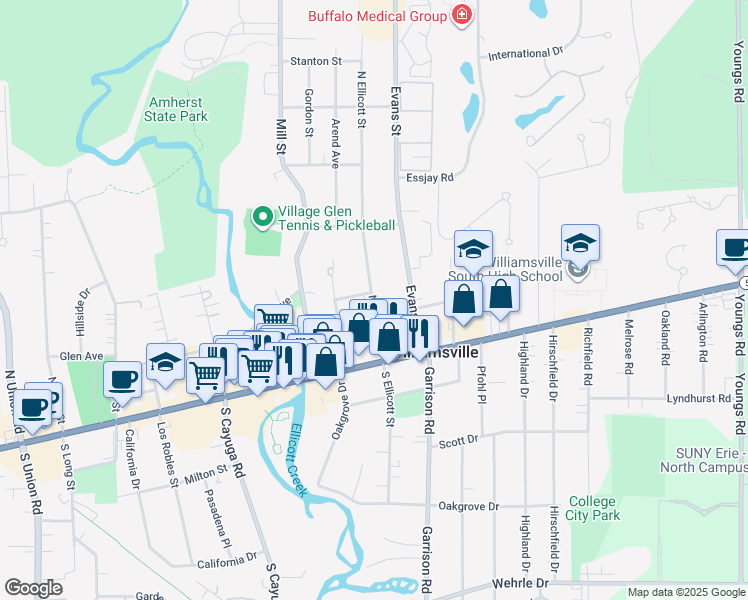 map of restaurants, bars, coffee shops, grocery stores, and more near 94 North Ellicott Street in Buffalo