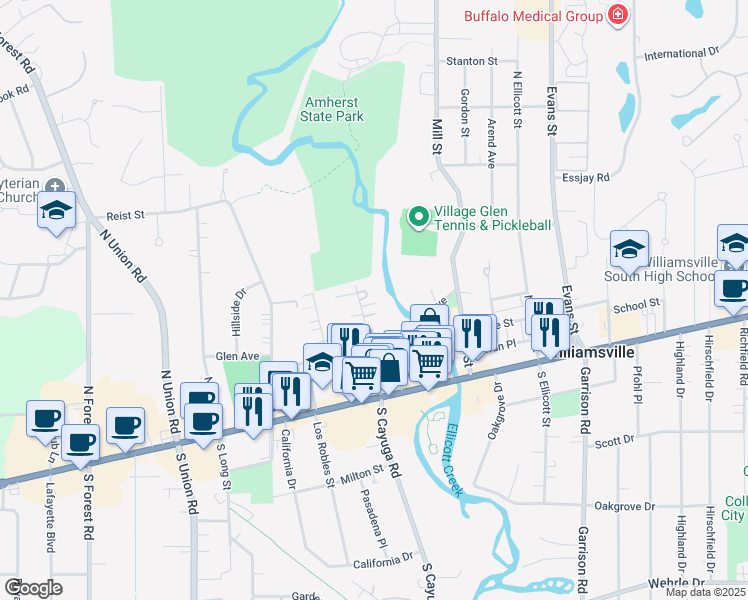 map of restaurants, bars, coffee shops, grocery stores, and more near 9 Millrace Street North in Buffalo