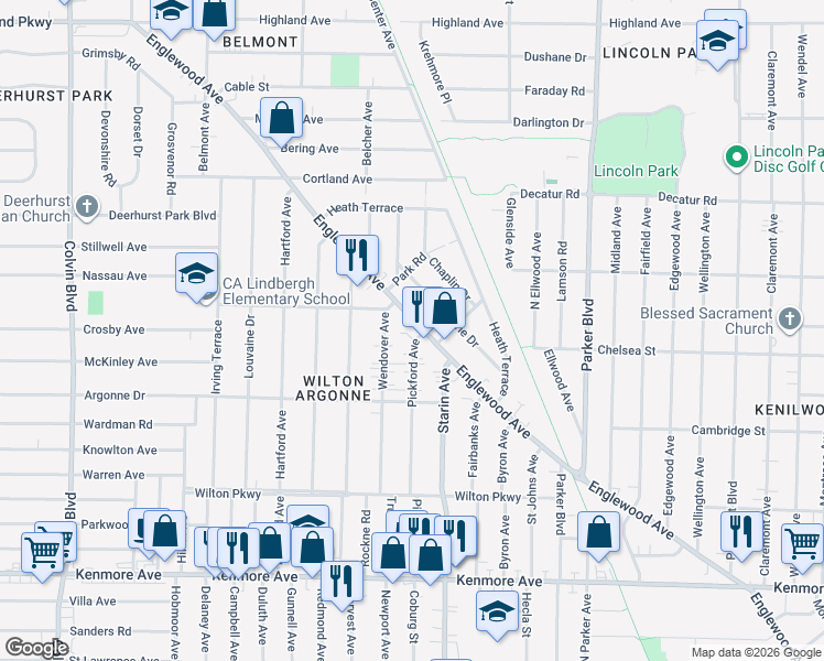 map of restaurants, bars, coffee shops, grocery stores, and more near 719 Englewood Avenue in Buffalo