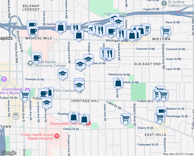 map of restaurants, bars, coffee shops, grocery stores, and more near 127 Campbell Place Northeast in Grand Rapids