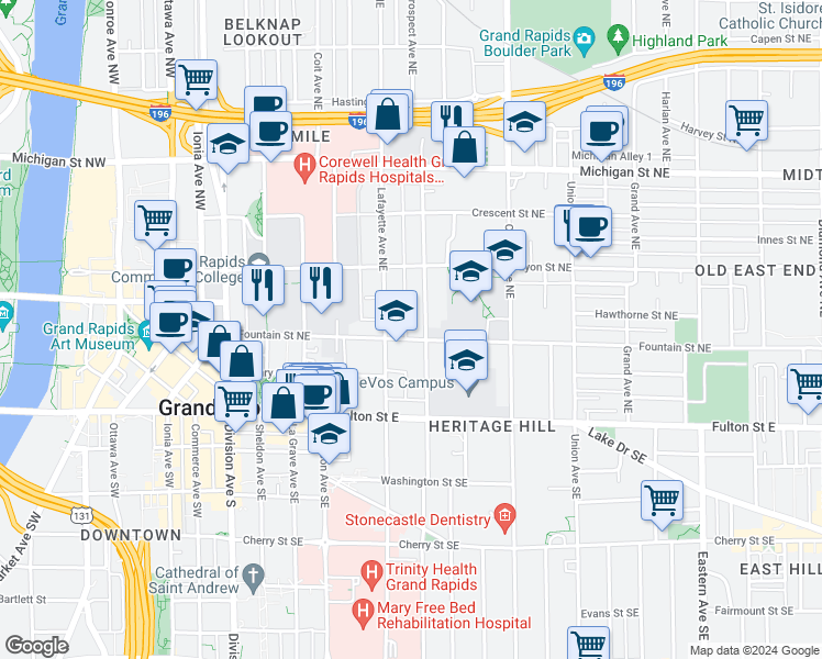 map of restaurants, bars, coffee shops, grocery stores, and more near 117 Prospect Avenue Northeast in Grand Rapids