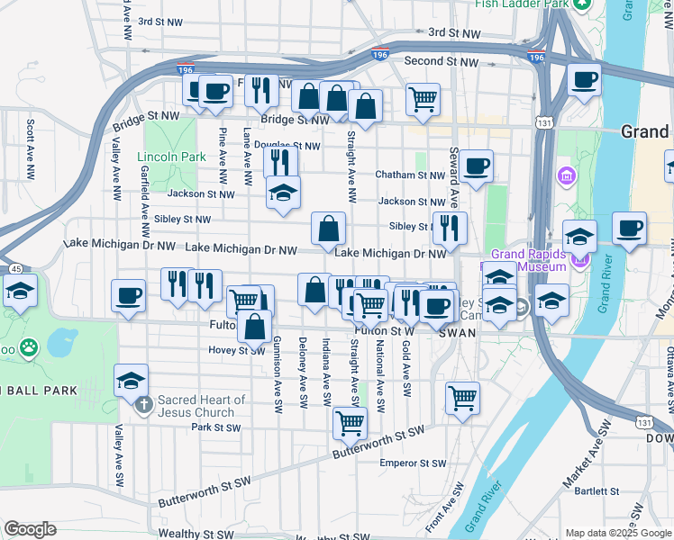 map of restaurants, bars, coffee shops, grocery stores, and more near 838 Lake Michigan Drive Northwest in Grand Rapids