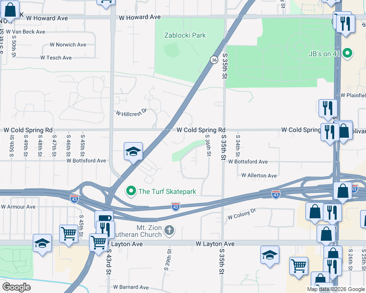map of restaurants, bars, coffee shops, grocery stores, and more near 4330 South 38th Street in Greenfield