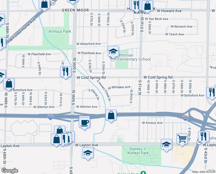 map of restaurants, bars, coffee shops, grocery stores, and more near 5412 West Whitaker Avenue in Greenfield