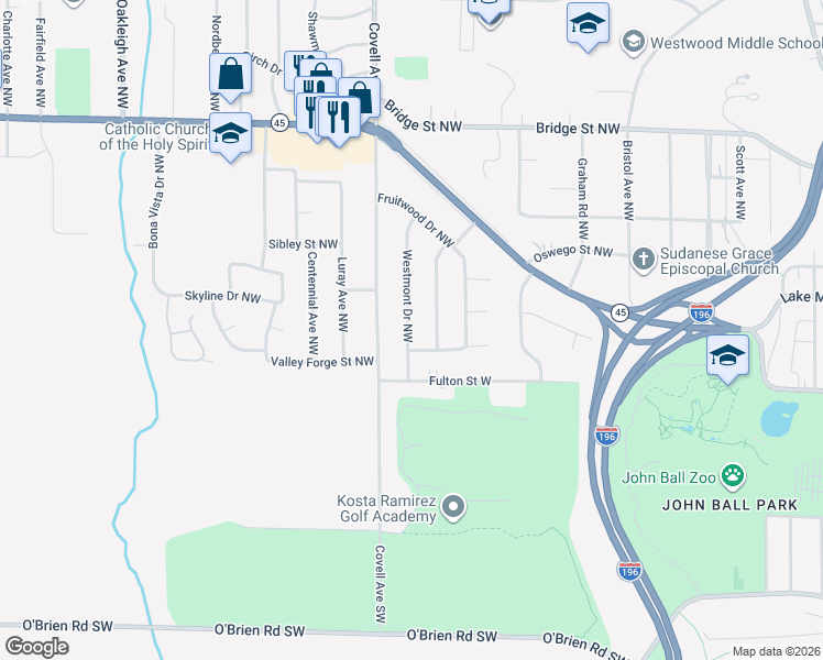 map of restaurants, bars, coffee shops, grocery stores, and more near 81 Westmont Drive Northwest in Grand Rapids