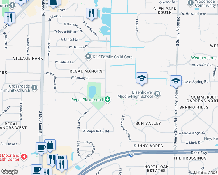map of restaurants, bars, coffee shops, grocery stores, and more near 4305 South Regal Drive in New Berlin