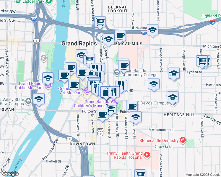 map of restaurants, bars, coffee shops, grocery stores, and more near 106 Division Avenue North in Grand Rapids