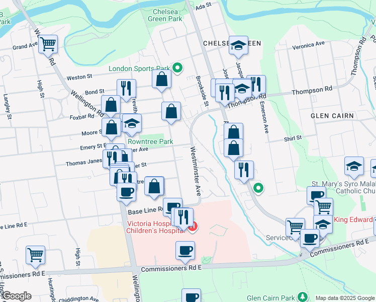 map of restaurants, bars, coffee shops, grocery stores, and more near 295 Westminster Avenue in London
