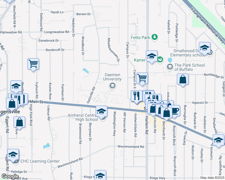 map of restaurants, bars, coffee shops, grocery stores, and more near 4380 Main Street in Amherst