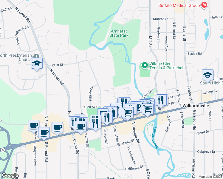 map of restaurants, bars, coffee shops, grocery stores, and more near 68 Howard Avenue in Williamsville