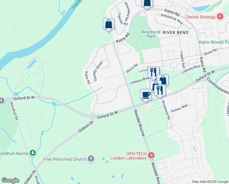 map of restaurants, bars, coffee shops, grocery stores, and more near 2129 Linkway Blvd in London