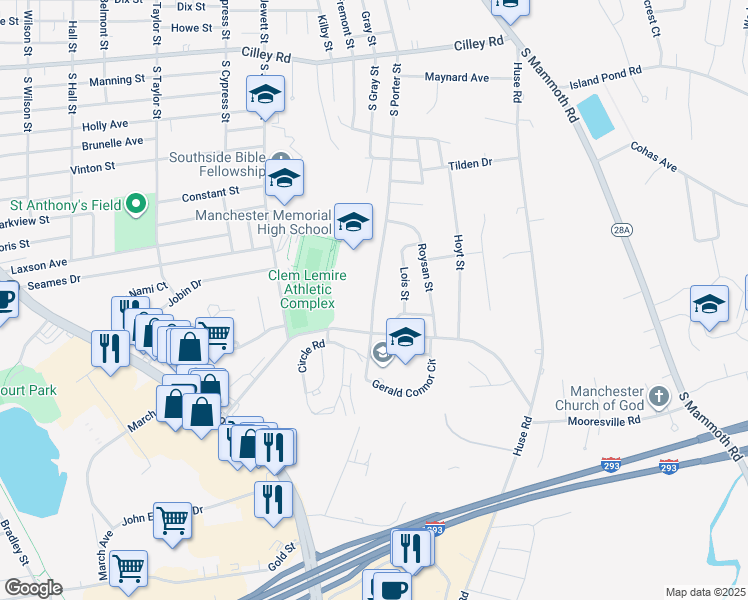 map of restaurants, bars, coffee shops, grocery stores, and more near 407 South Porter Street in Manchester