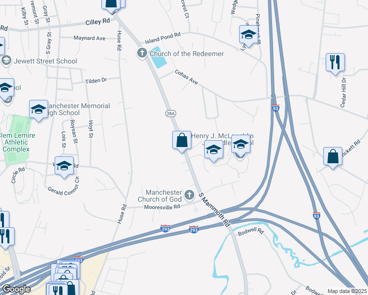 map of restaurants, bars, coffee shops, grocery stores, and more near 290 Mammoth Road in Manchester