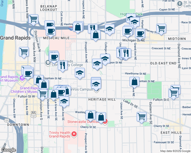map of restaurants, bars, coffee shops, grocery stores, and more near 421 Fountain Street Northeast in Grand Rapids
