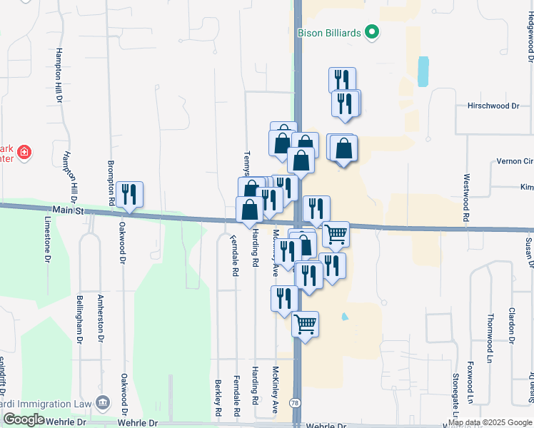 map of restaurants, bars, coffee shops, grocery stores, and more near 6832 Main Street in Williamsville
