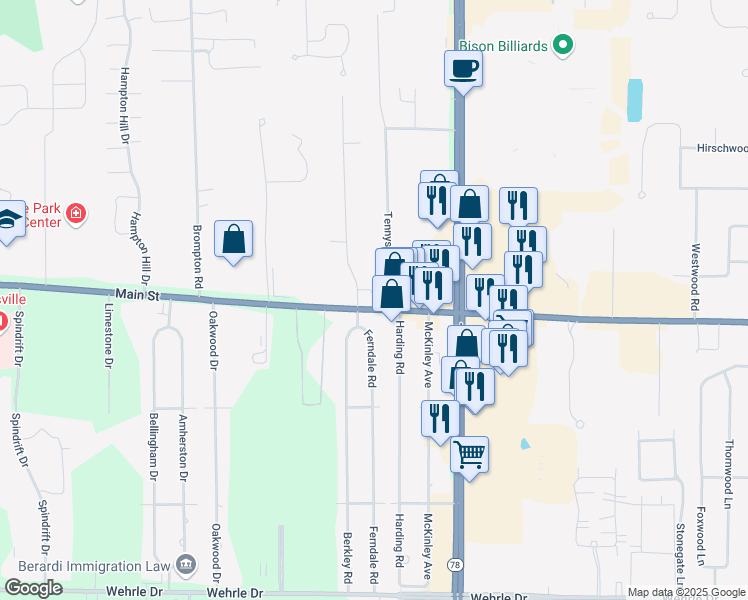 map of restaurants, bars, coffee shops, grocery stores, and more near 6770 Main Street in Buffalo