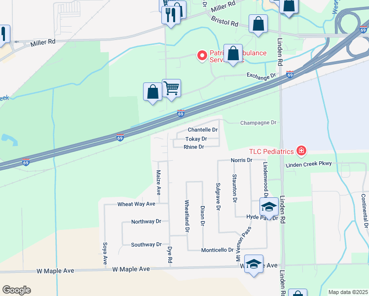 map of restaurants, bars, coffee shops, grocery stores, and more near 5176 Tokay Drive in Flint