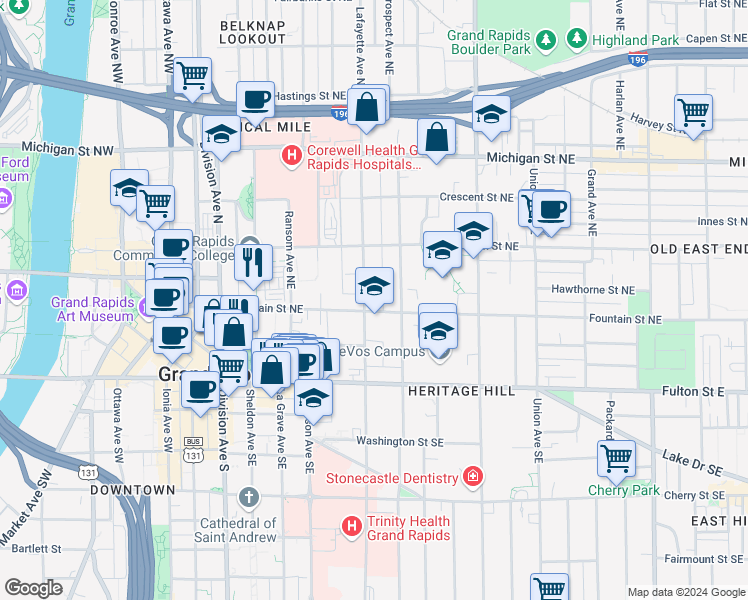 map of restaurants, bars, coffee shops, grocery stores, and more near 119 Lafayette Avenue Northeast in Grand Rapids