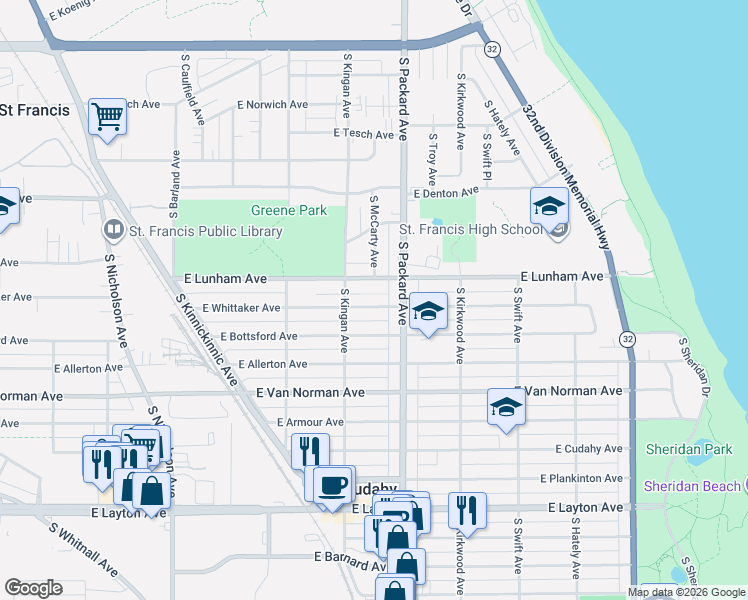 map of restaurants, bars, coffee shops, grocery stores, and more near 3553 East Lunham Avenue in Cudahy