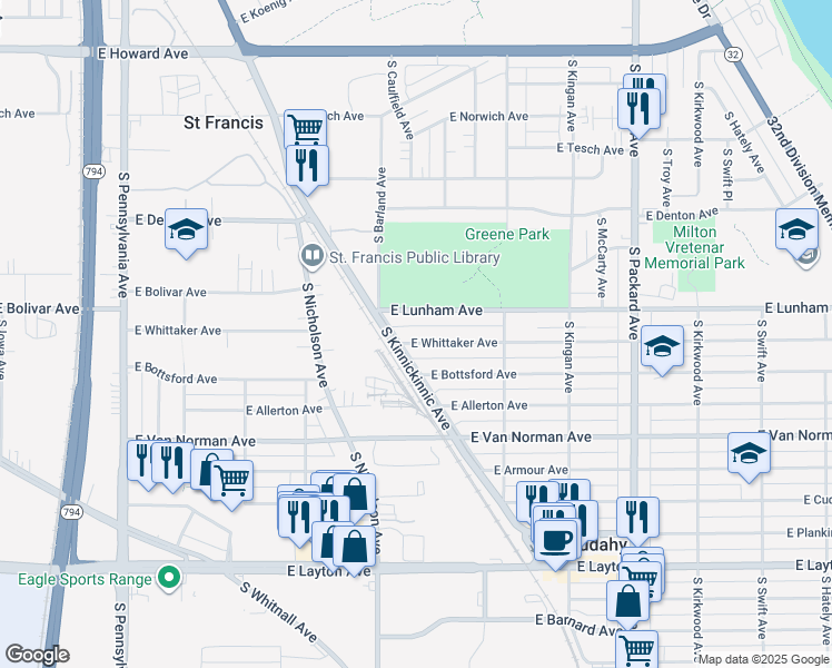 map of restaurants, bars, coffee shops, grocery stores, and more near 3243 East Lunham Avenue in Cudahy