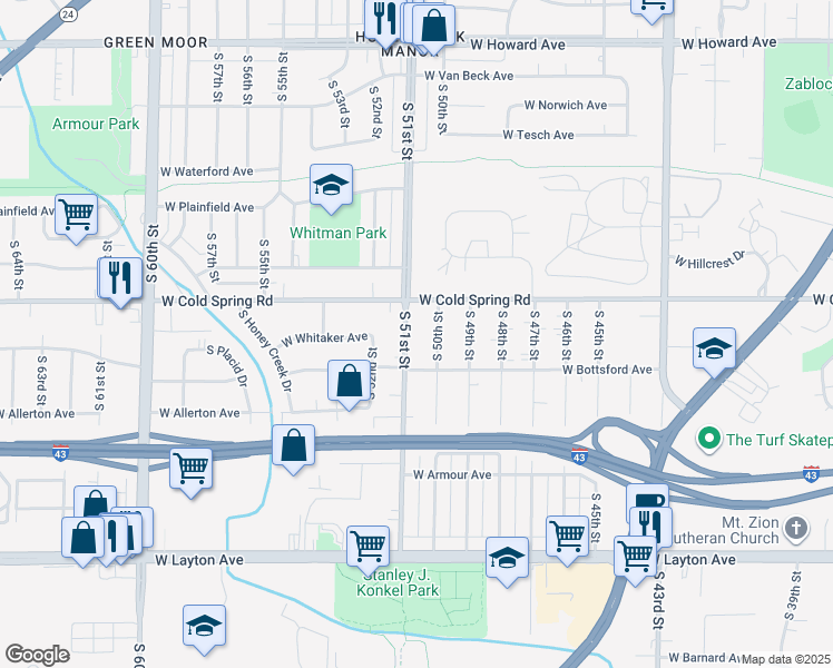 map of restaurants, bars, coffee shops, grocery stores, and more near in Greenfield
