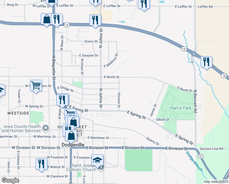 map of restaurants, bars, coffee shops, grocery stores, and more near 312 East Jewett Street in Dodgeville