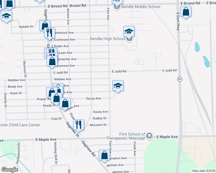 map of restaurants, bars, coffee shops, grocery stores, and more near 4320 Fern Avenue in Burton