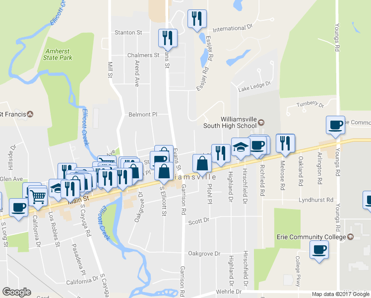 map of restaurants, bars, coffee shops, grocery stores, and more near 144 Eagle Street in Buffalo