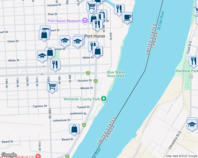 map of restaurants, bars, coffee shops, grocery stores, and more near 1726 Military Street in Port Huron