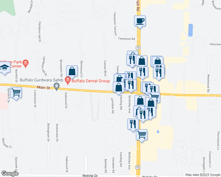 map of restaurants, bars, coffee shops, grocery stores, and more near 6770 Main Street in Williamsville