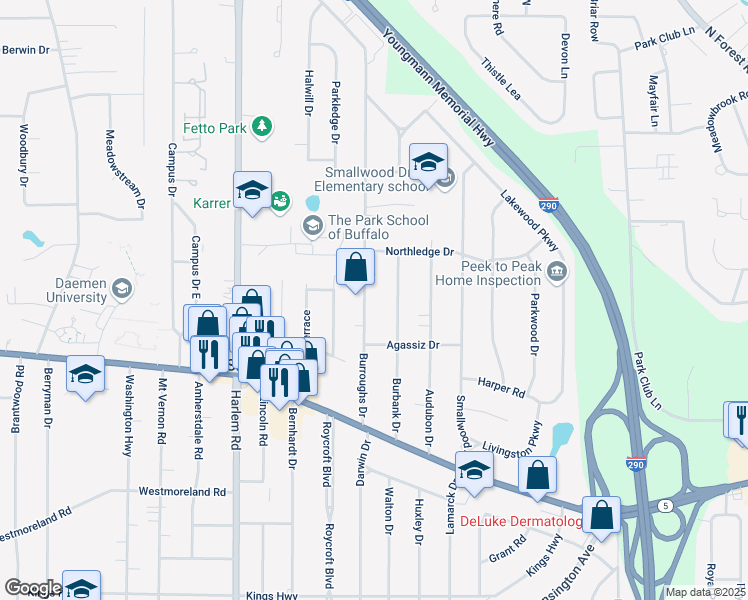 map of restaurants, bars, coffee shops, grocery stores, and more near 151 Burroughs Drive in Buffalo