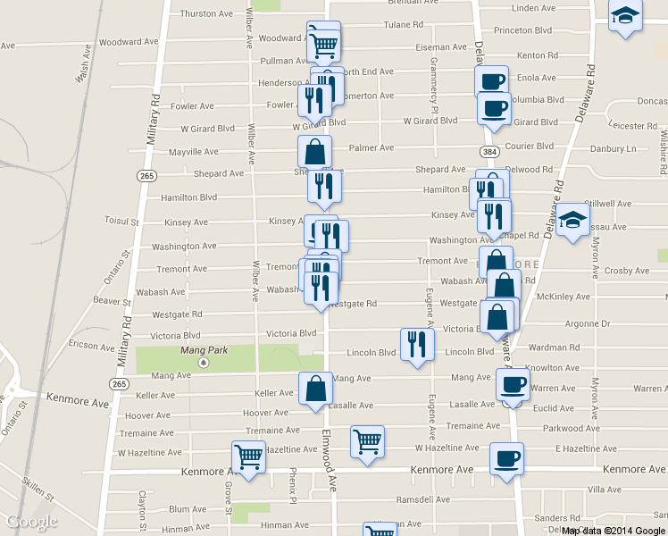 map of restaurants, bars, coffee shops, grocery stores, and more near 2517 Elmwood Ave in Buffalo