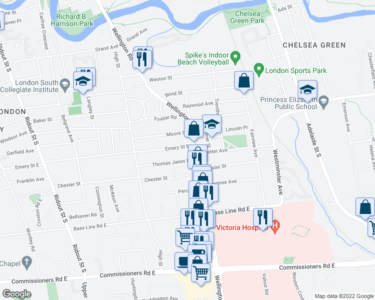 map of restaurants, bars, coffee shops, grocery stores, and more near 691 Emery Street East in London