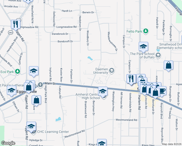 map of restaurants, bars, coffee shops, grocery stores, and more near 86 Getzville Road in Buffalo