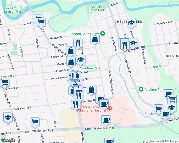map of restaurants, bars, coffee shops, grocery stores, and more near Whetter Avenue in London