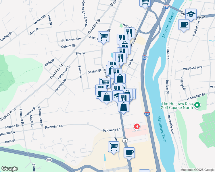 map of restaurants, bars, coffee shops, grocery stores, and more near 779 South Main Street in Manchester