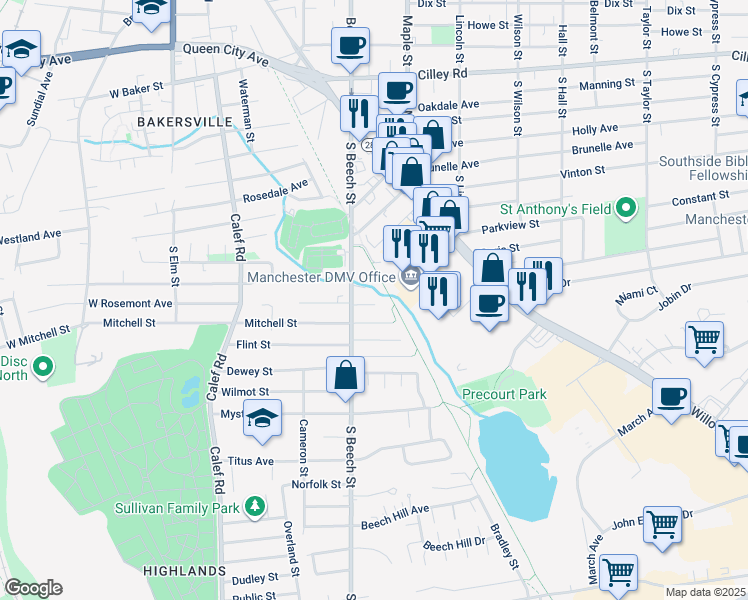 map of restaurants, bars, coffee shops, grocery stores, and more near 40 Enfield Street in Manchester