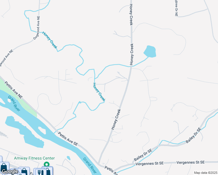 map of restaurants, bars, coffee shops, grocery stores, and more near 107 Honey Creek Avenue Northeast in Ada