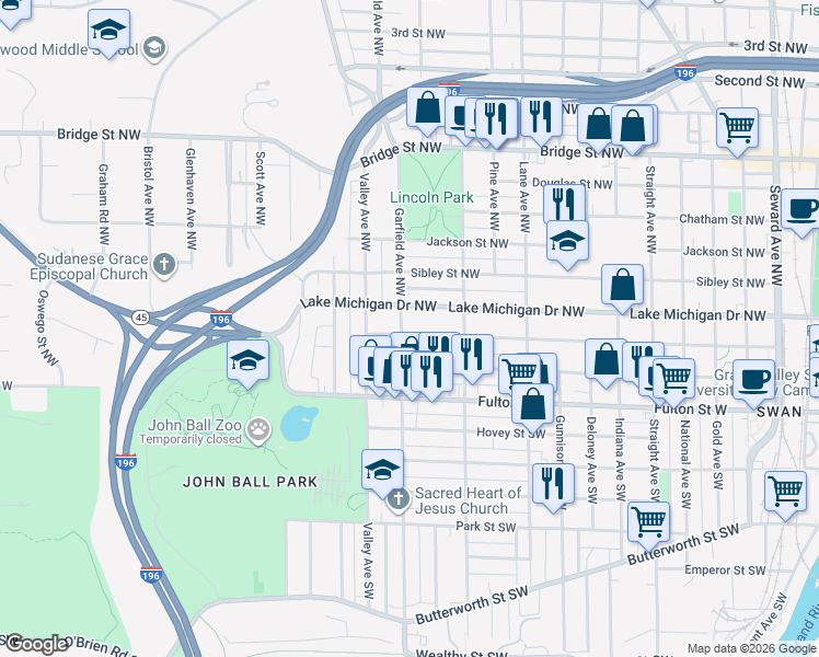 map of restaurants, bars, coffee shops, grocery stores, and more near 100 Garfield Avenue Northwest in Grand Rapids