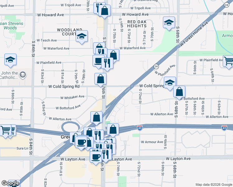 map of restaurants, bars, coffee shops, grocery stores, and more near 7434 West Forest Home Avenue in Greenfield
